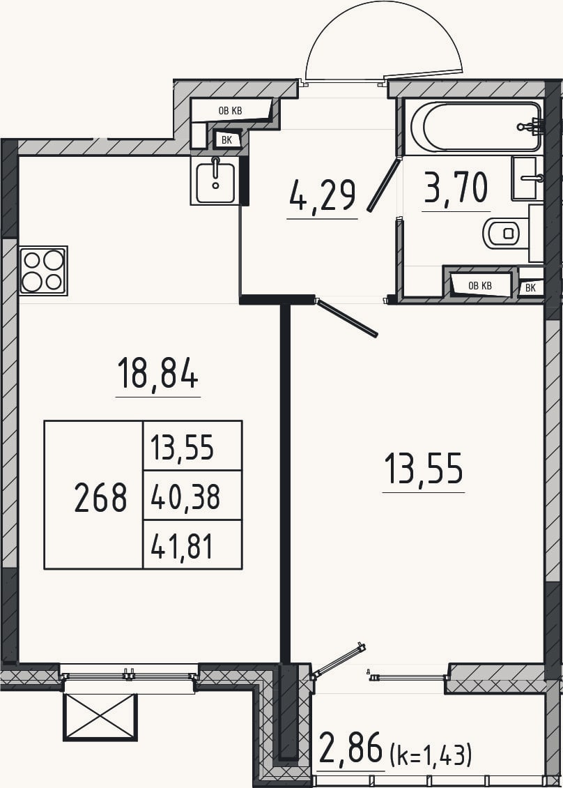 Планировка: 2-к, 40,4 м²