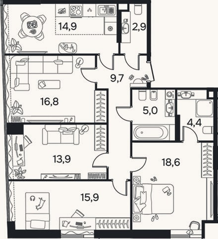 Планировка: 4+ к, 102 м²