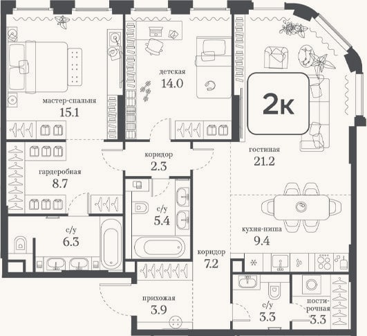 Планировка: 2-к, 100,1 м²
