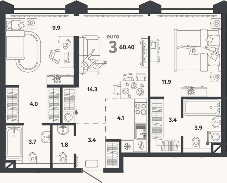 Планировка: 3-к, 60,4 м²