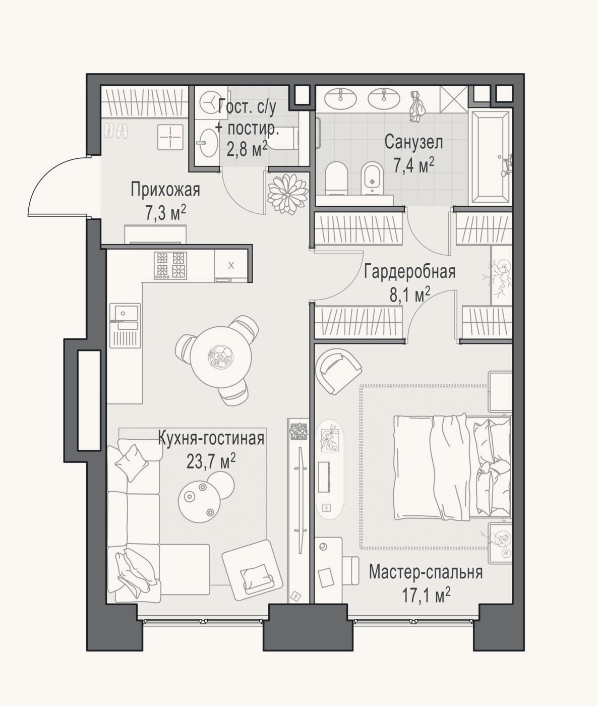 Планировка: 2-к, 67,1 м²