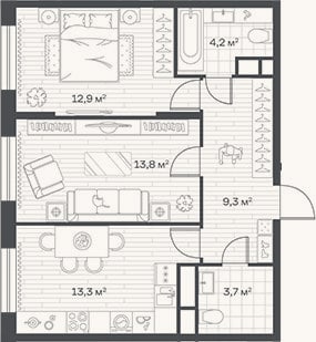 Планировка: 2-к, 57,2 м²