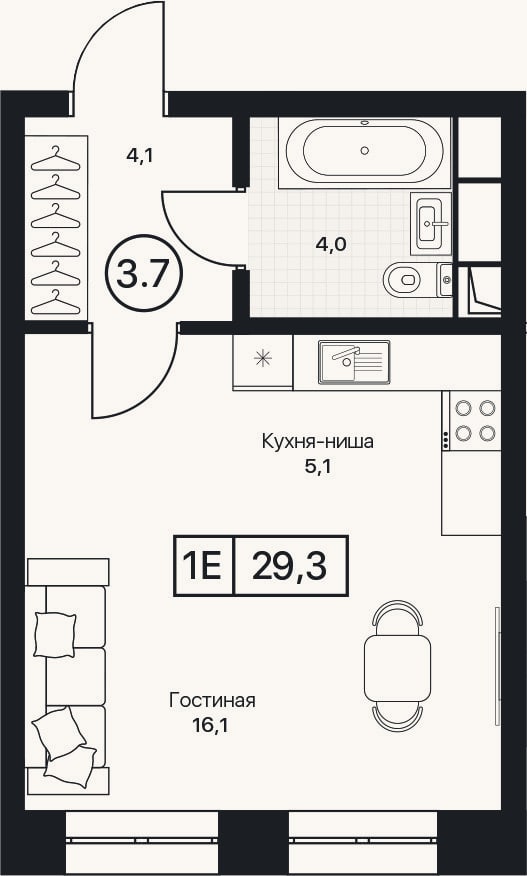 Планировка: Студия, 29,3 м²