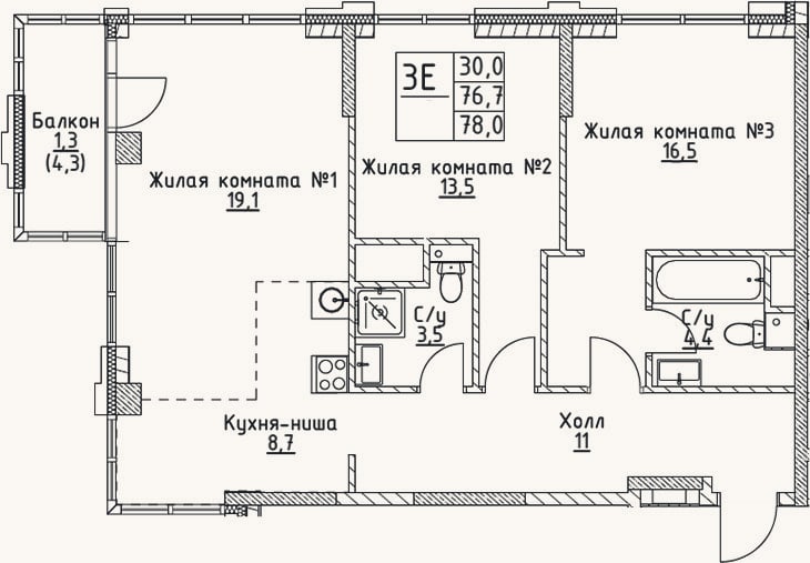 Планировка: 3-к, 76,7 м²