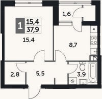 Планировка: 1-к, 37,4 м²