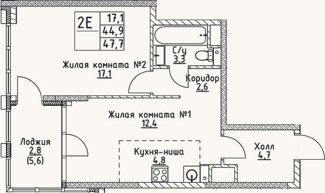 Планировка: 2-к, 44,9 м²