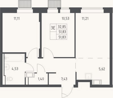 Планировка: 3-к, 51,8 м²