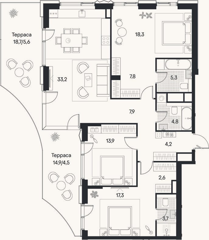 Планировка: 4+ к, 119,1 м²