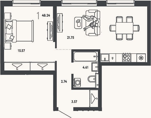 Планировка: 1-к, 48,2 м²