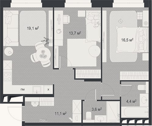 Планировка: 3-к, 68,4 м²