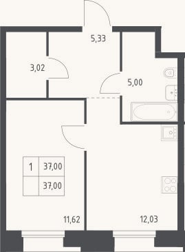 Планировка: 1-к, 37 м²