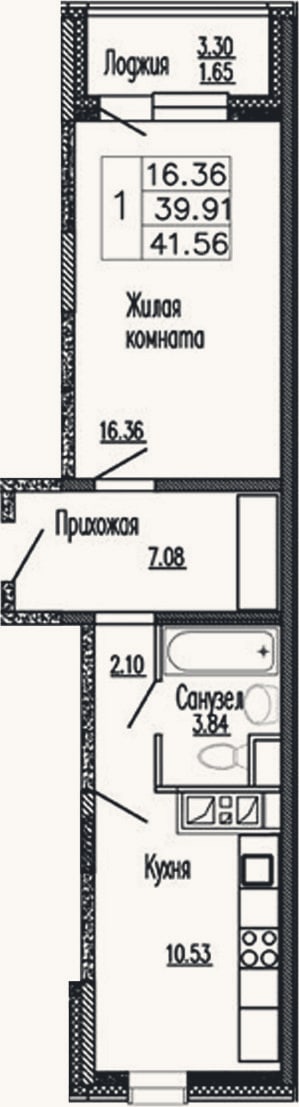 Планировка: 1-к, 39,9 м²