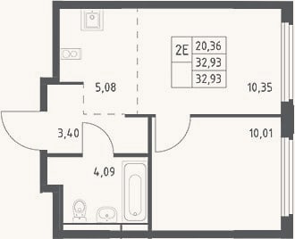 Планировка: 2-к, 32,9 м²
