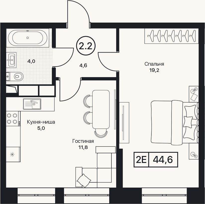Планировка: 2-к, 44,6 м²