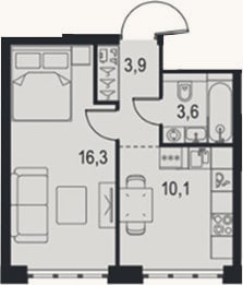 Планировка: 1-к, 33,9 м²