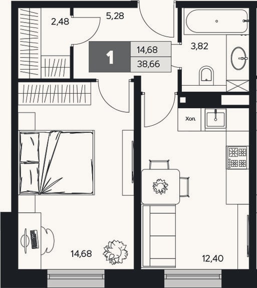 Планировка: 1-к, 38,7 м²
