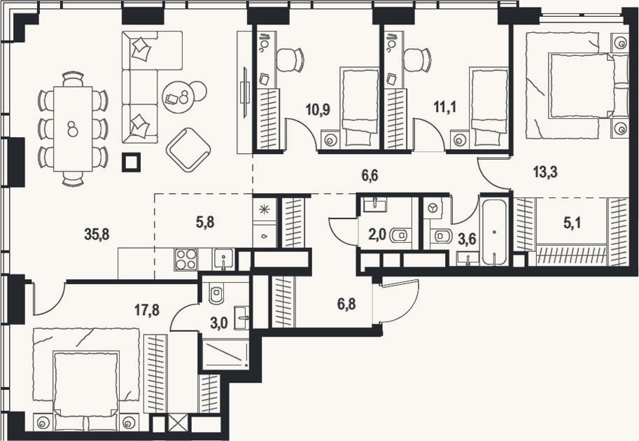 Планировка: 4+ к, 121,8 м²