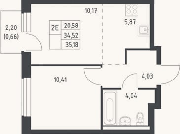 Планировка: 2-к, 34,5 м²