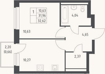 Планировка: 1-к, 32 м²