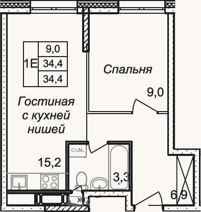 Планировка: 2-к, 34,4 м²