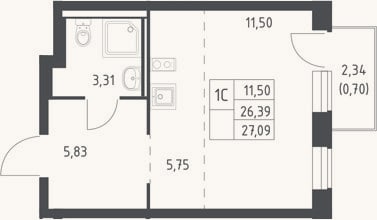 Планировка: Студия, 26,4 м²