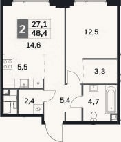 Планировка: 2-к, 48,4 м²