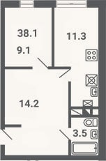 Планировка: 1-к, 38,1 м²