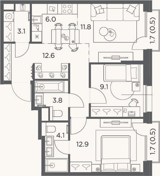 Планировка: 3-к, 63,4 м²
