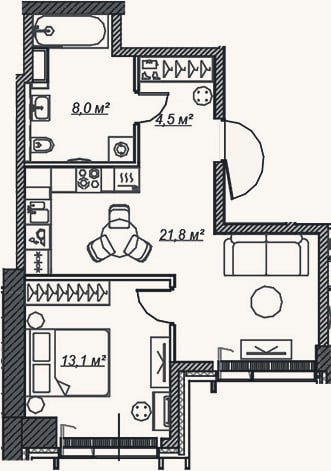 Планировка: 2-к, 47,4 м²