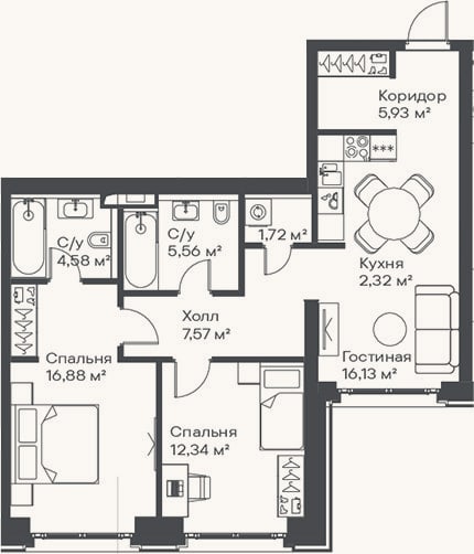 Планировка: 3-к, 73 м²