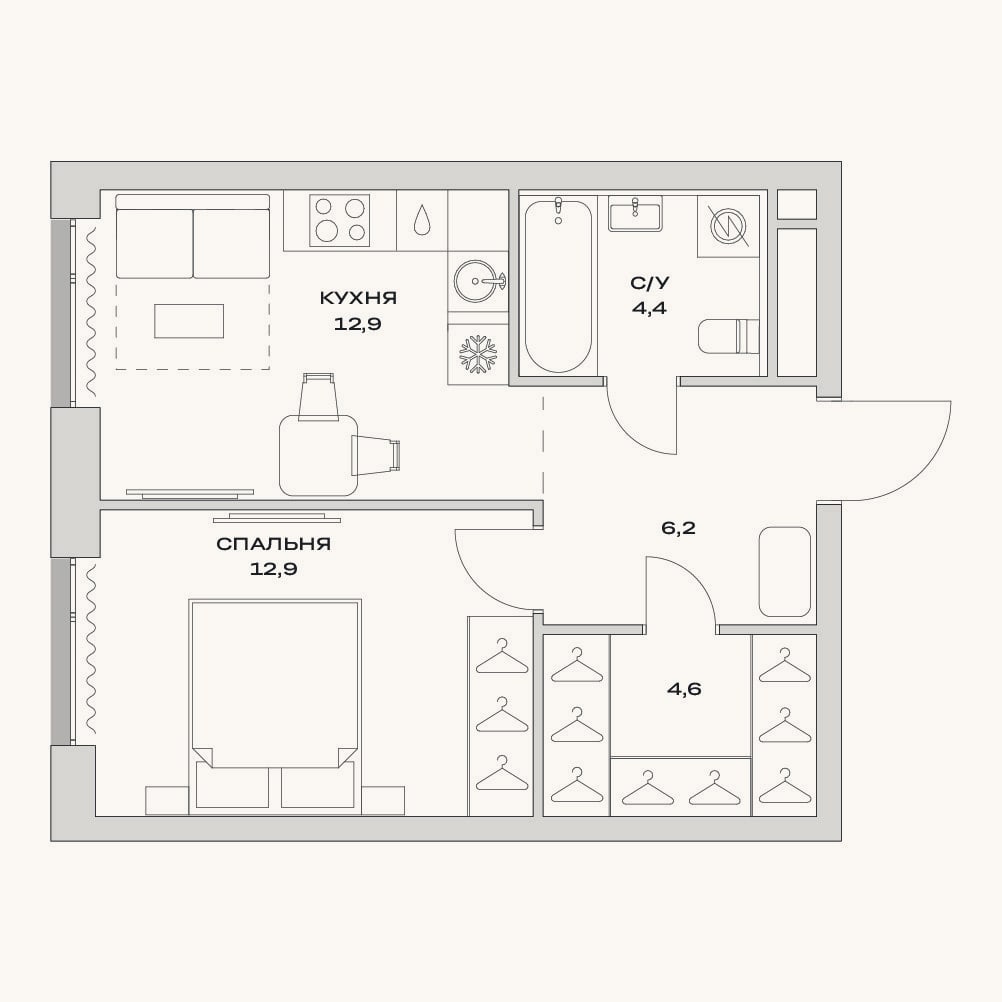 Планировка: 1-к, 41 м²