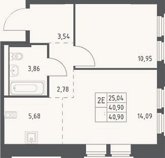 Планировка: 2-к, 40,9 м²