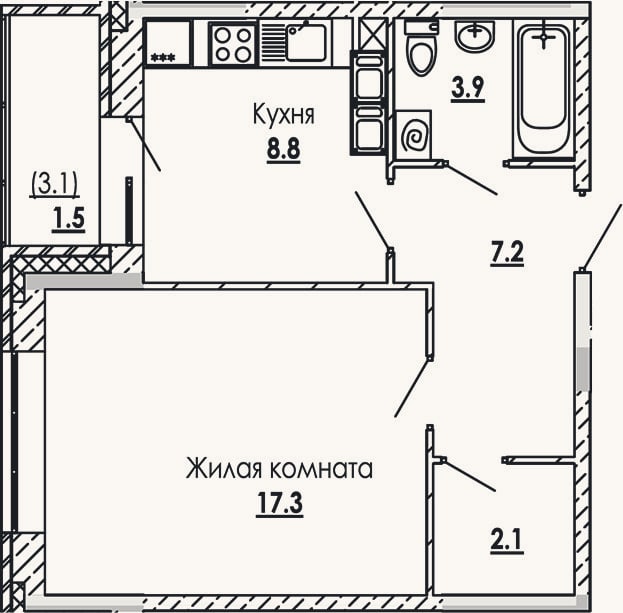 Планировка: 1-к, 39,3 м²