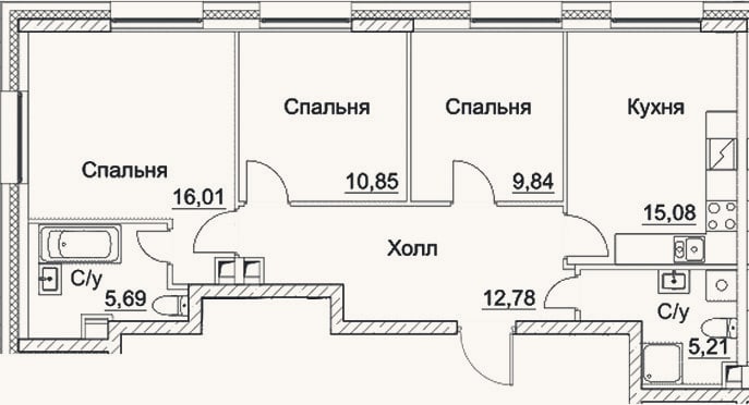 Планировка: 3-к, 75,5 м²