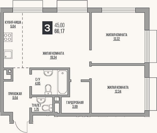 Планировка: 3-к, 66,2 м²