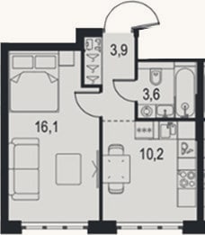 Планировка: 1-к, 33,8 м²