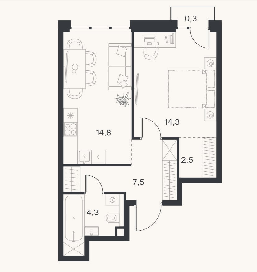 Планировка: 1-к, 43,4 м²
