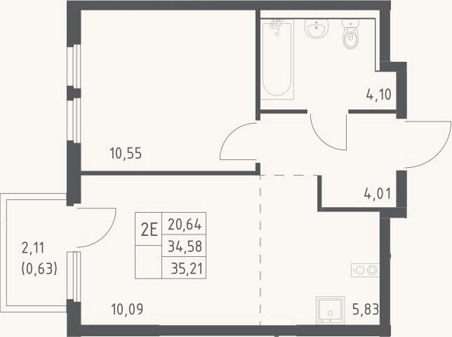 Планировка: 2-к, 34,6 м²