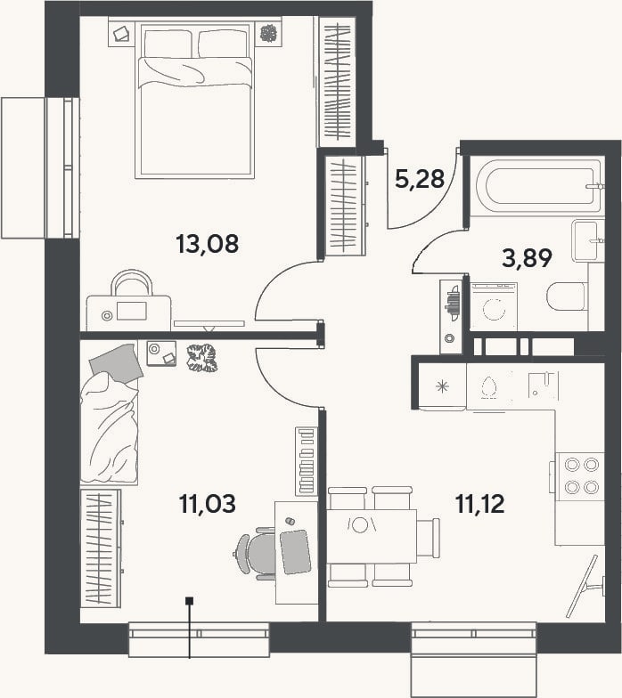 Планировка: 2-к, 44,4 м²