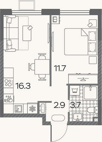 Планировка: 2-к, 33,5 м²