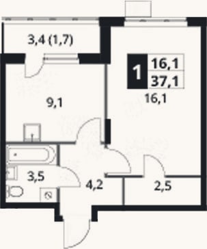 Планировка: 1-к, 35,4 м²