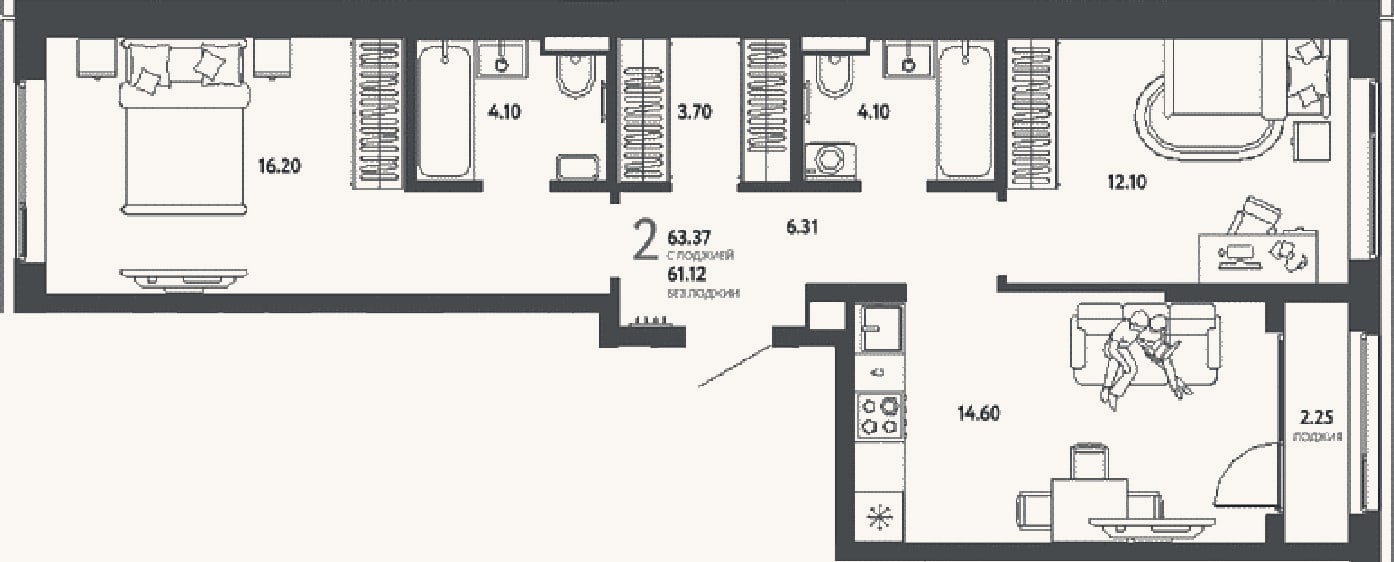 Планировка: 2-к, 61,1 м²