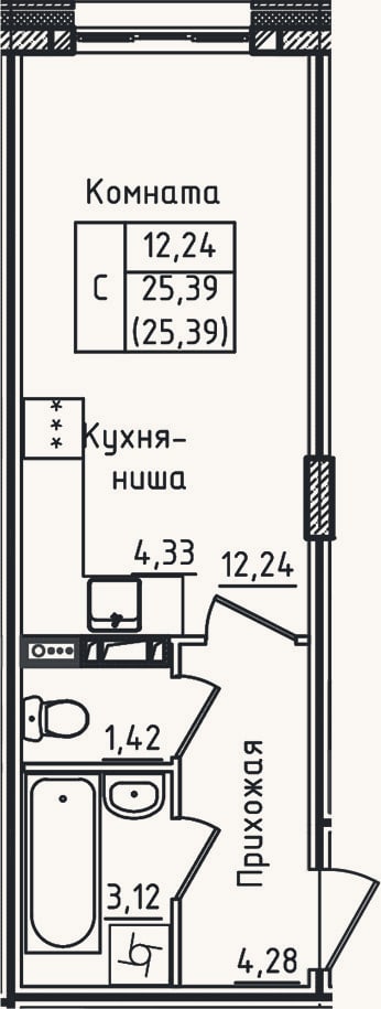 Планировка: Студия, 25,4 м²
