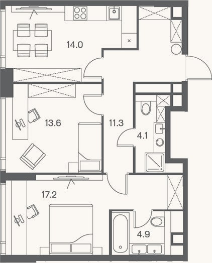 Планировка: 2-к, 65,1 м²