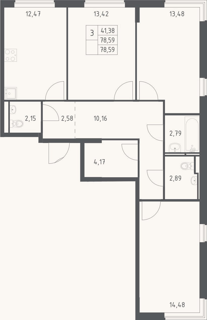 Планировка: 3-к, 78,6 м²