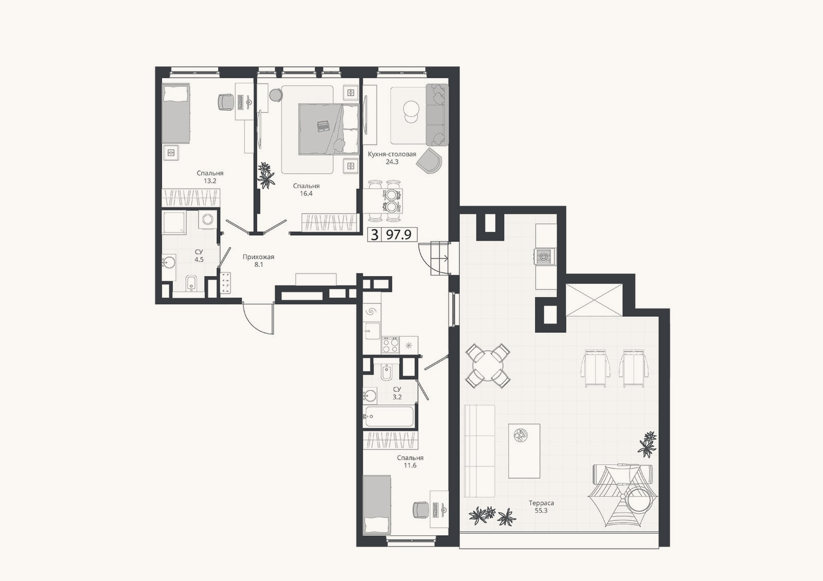 Планировка: 4+ к, 81,3 м²