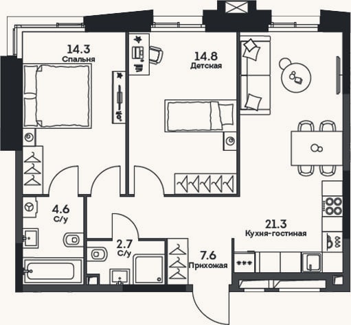 Планировка: 3-к, 65,3 м²