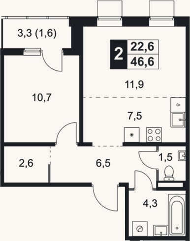 Планировка: 2-к, 45 м²