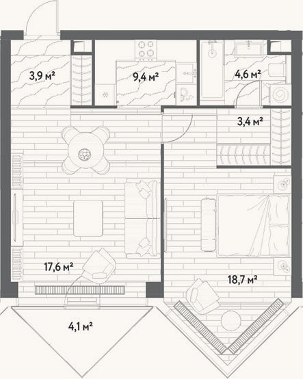 Планировка: 2-к, 57,6 м²
