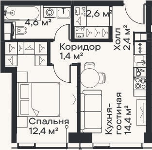 Планировка: 2-к, 37,8 м²